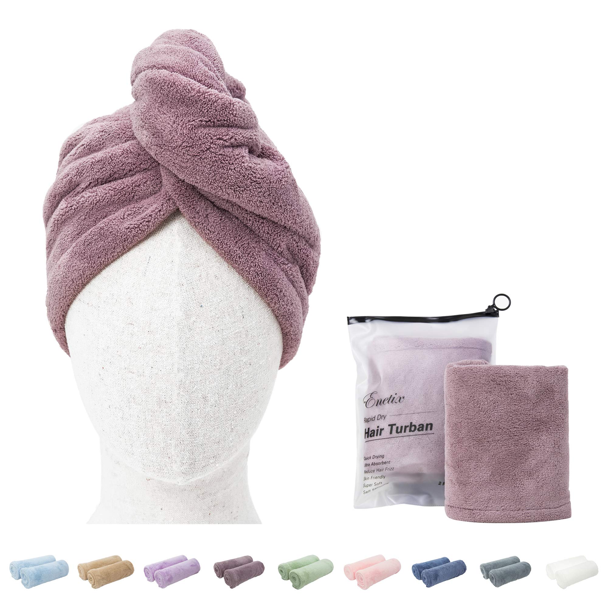ENETIX 2 Pack Microfiber Hair Drying Towel Wrap for Women, 25 × 70cm Super Absorbent Anti-Frizz Hair Turban, Rapid Dry Hair Towels with Button, Mauve