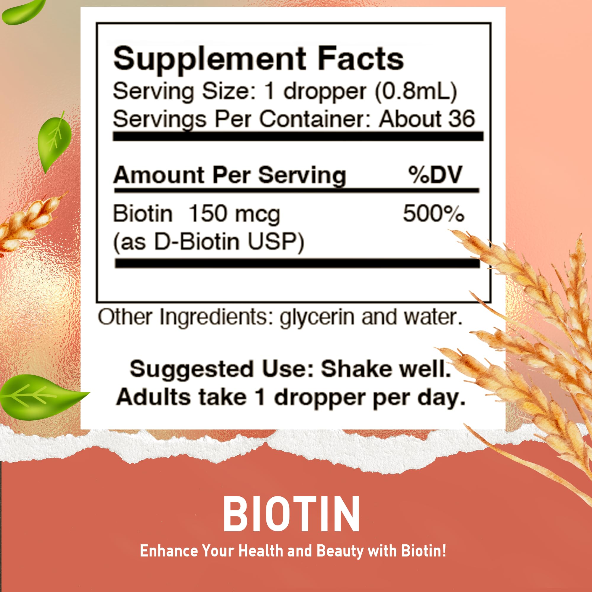 Biotin Liquid Drops Made in USA - Great for Hair, Skin, Nails 500% DV per Serving - 36 Servings per Container - Great for Men, Women, Children - Vegan Vitamin B7 Liquid - Bulk Sizes Also Available