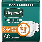 Depend Adult Diapers with Tabs, Incontinence Protection with Tabs, Unisex, Small/Medium (19–34" Waist, Up To 170 lbs), Maximum Absorbency, 60 Count (3 Packs of 20)