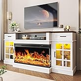 oneinmil 70" Fireplace TV Stand with 3-Sided Glass Fireplace, Modern Wood Entertainment Center with LED Lights and Glass Door, 36" Fire Place TV Stands for Living Room, White