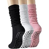 Huuwi Sports Women’s Pilates Socks Grips–3 Pairs Scrunch Crew Non-Slip Yoga Barre Workout Hospital Slipper Slouch Socks