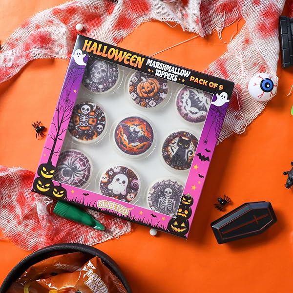 HALLOWEEN MARSHMALLOW TOPPERS, PERFECT HOT COCOA TOPPINGS OR DESSERT DECORATING CANDY, ASSORTED FESTIVE DESIGNS, 9 COUNT