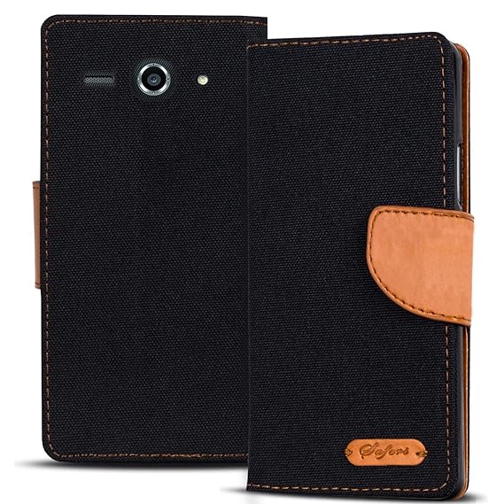Verco Ascend Y530 Hülle, Schutzhülle für Huawei Y530 Tasche Denim Textil Book Case Flip Case - Klapphülle Schwarz