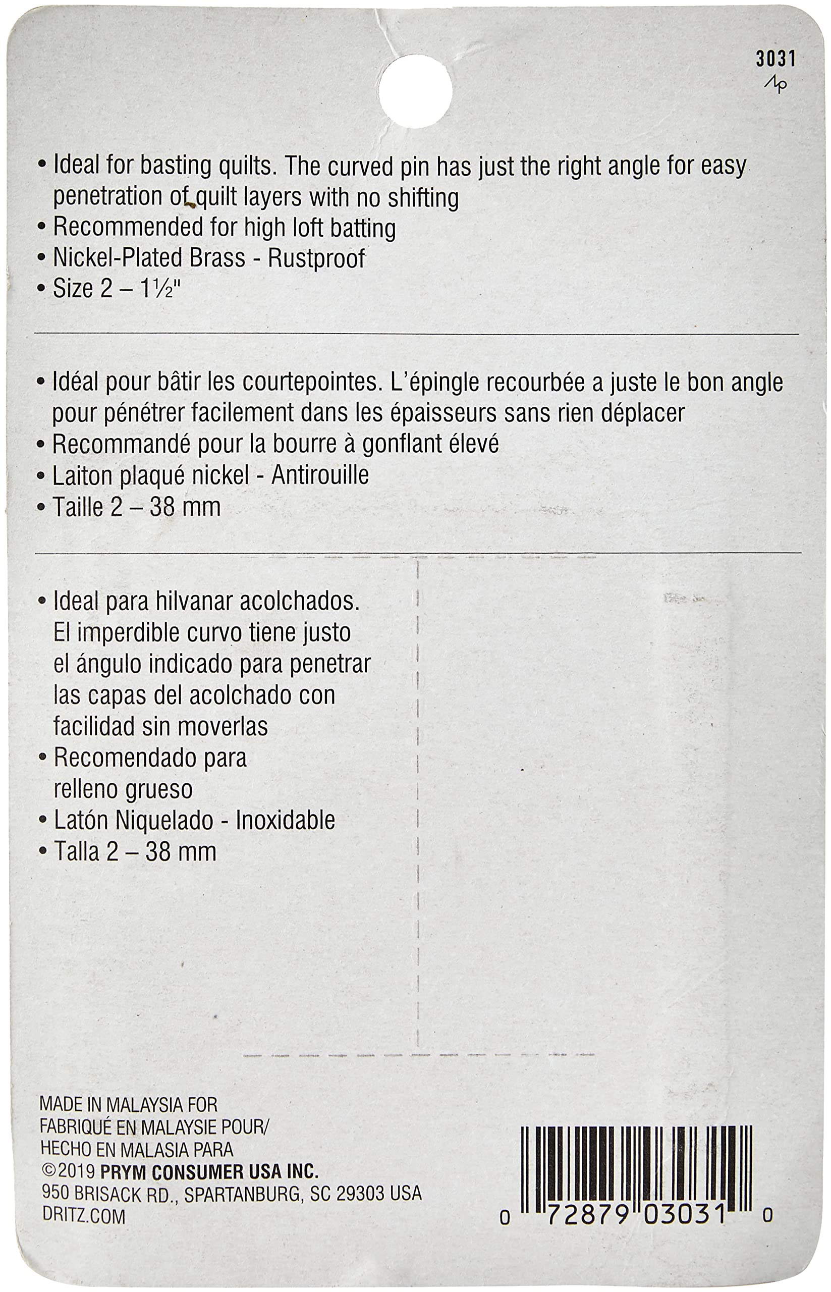 Dritz 3031 Curved Basting Safety Pins, Size 2, Nickel-Plated Brass (75-Count)