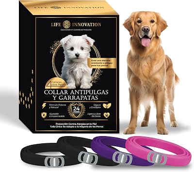 Leve 4 coleiras antiparasitárias para cães, 24 meses de proteção contra pulgas, carraças e mosquitos - 100% naturais, impermeáveis, ajustáveis, para todos os tamanhos.