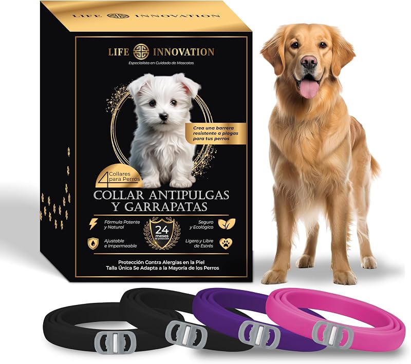 Leve 4 coleiras antiparasitárias para cães, 24 meses de proteção contra pulgas, carraças e mosquitos - 100% naturais, impermeáveis, ajustáveis, para todos os tamanhos.