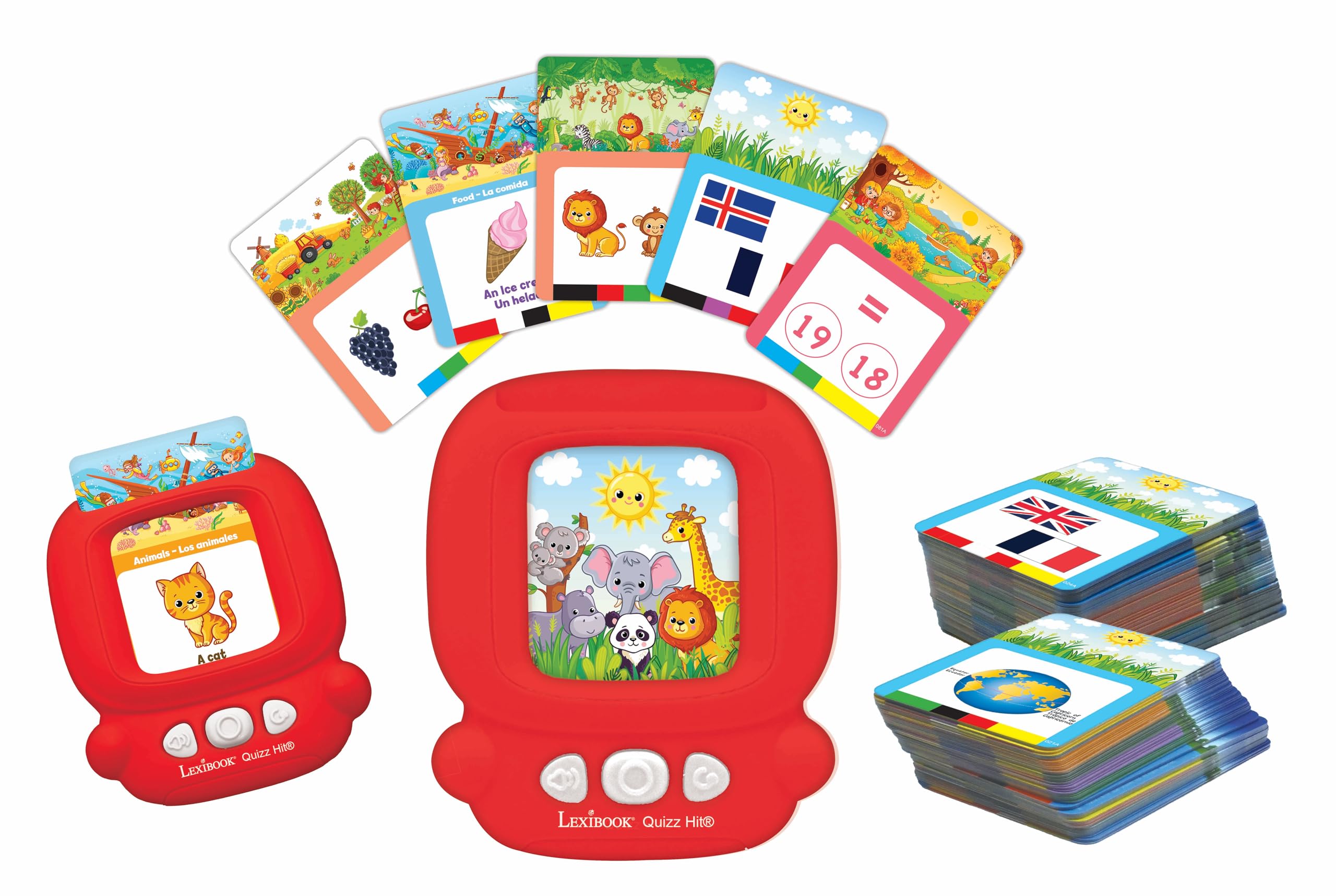 LEXIBOOK, Quizz Hit®, Bilingual interactive card reader, Spanish/English, 150 double sided cards, educational quiz & flashcard machine, Red, JCR10i2