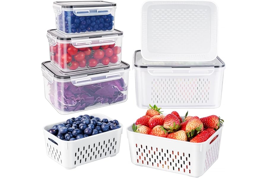 Freshmage Fruit Storage Containers for Fridge with Removable Colander, Airtight Food Storage Container, Dishwasher Safe Produce Saver for Refrigerator, Keep Berry Fruit Fresh Longer 4 pcs Small Clear