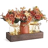 Mkono Mason Jar Lights Centerpiece Table Decorations for Dining Room Farmhouse Coffee Table Decor Tray with 3 Jars Flowers Centerpieces Valentines Day Decor for Kitchen Living Dining Room, Orange