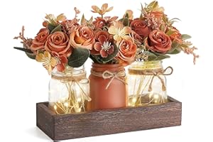 Mkono Mason Jar Lights Centerpiece Table Decorations for Dining Room Farmhouse Coffee Table Decor Tray with 3 Jars Flowers Centerpieces Fall Decor for Kitchen Living Dining Room, Orange