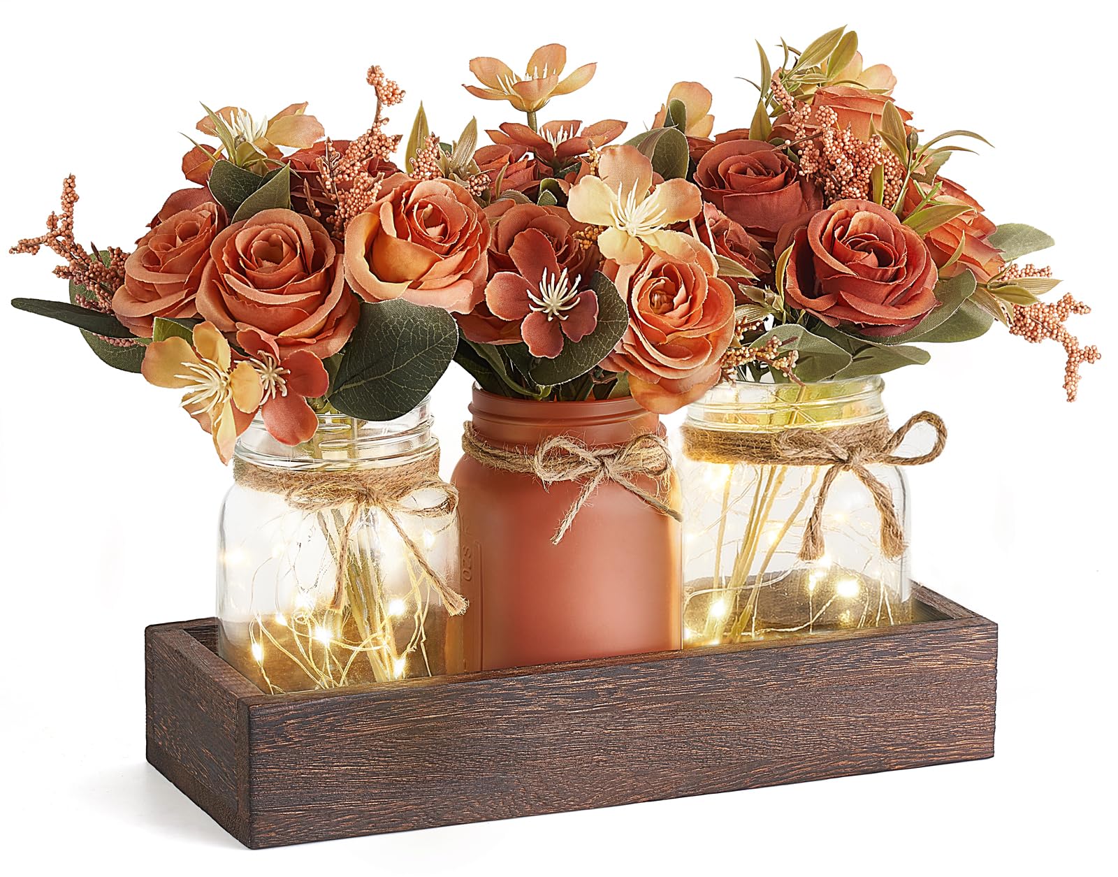 Photo 1 of Mkono Mason Jar Lights Centerpiece Table Decorations for Dining Room Farmhouse Coffee Table Decor Tray with 3 Jars Flowers Centerpieces Fall Decor for Kitchen Living Dining Room, Orange