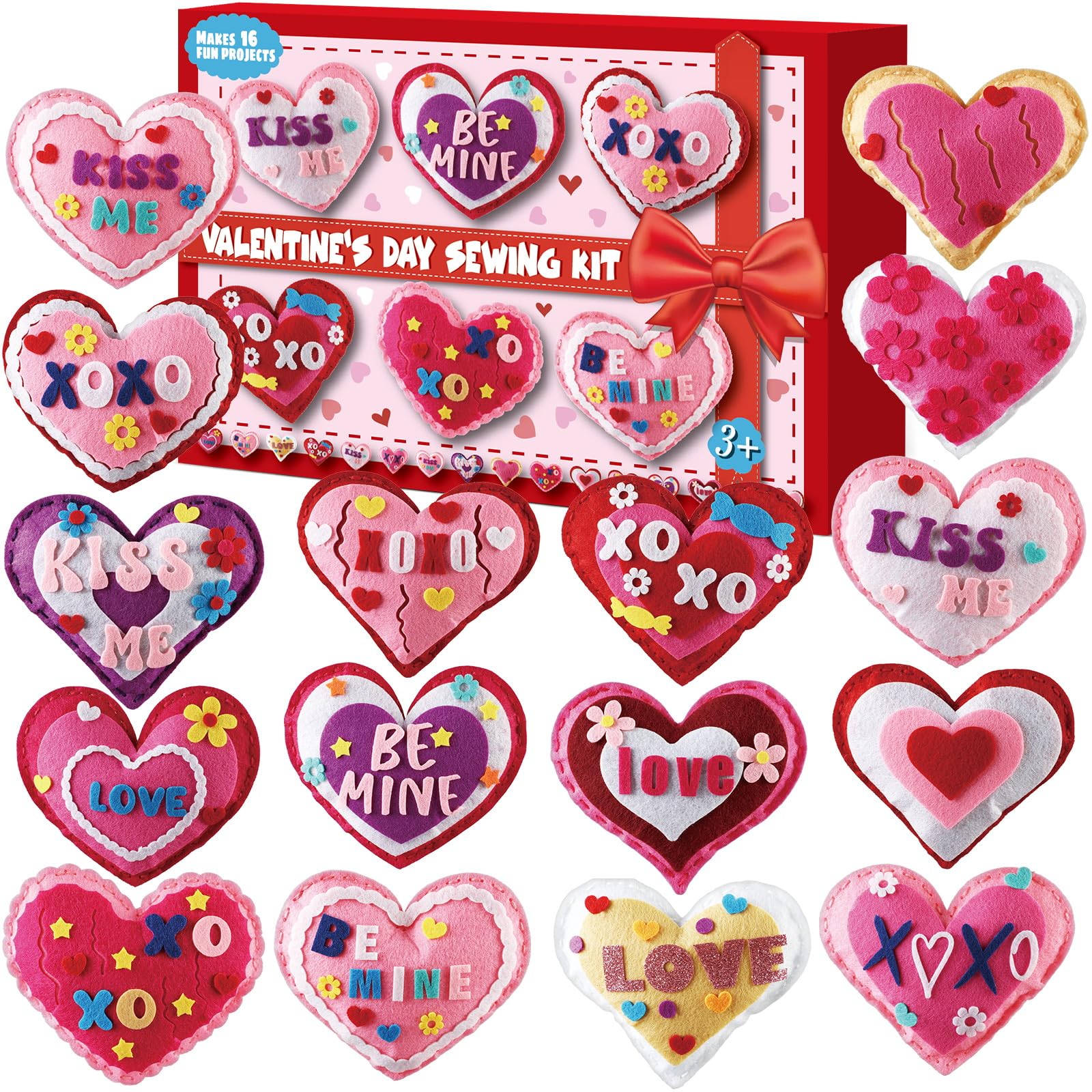 Photo 1 of 16 Sets Valentine's Day DIY Sewing Kit Heart Craft Kit Valentines DIY Stuffed Sewing Set for Beginners Heart Educational Gift Set for Kids Valentines Felt Ornaments Decoration for Boys and Girls