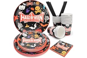 UVTQSSP Halloween Paper Plates, Halloween Party Plates and Cups With Straws, Disposable Tableware Party Supplies, Serve for 25 Guests, Spooky Ghost Pumpkin Skull Bat Spider, 125 PCS