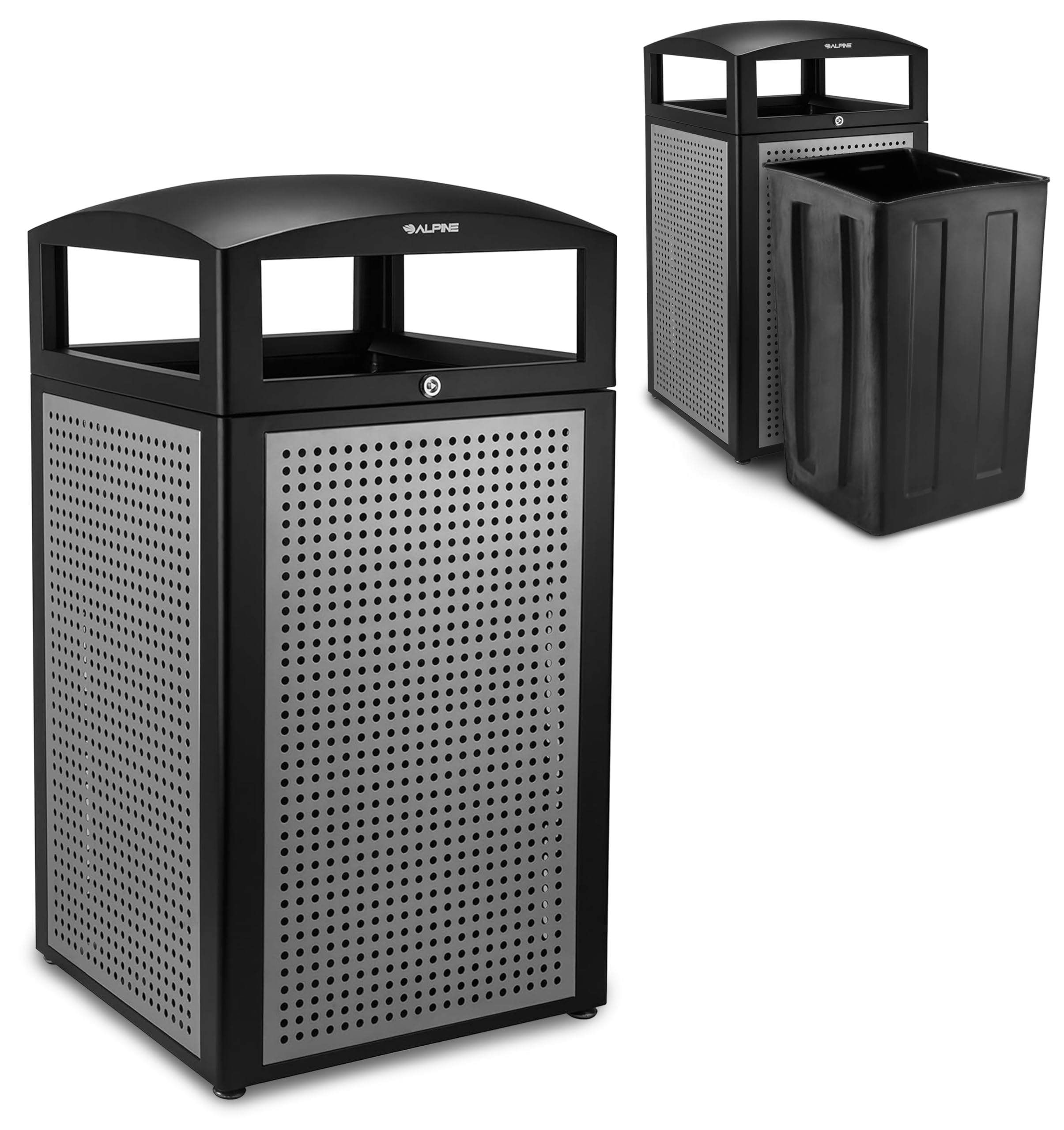 Photo 1 of Alpine Outdoor Commercial Trash Can with Lid - 40 Gallon Heavy Duty Metal Garbage Can with Removable Bin, Locking Lid for a Modern Look in Parks, Malls, Parkings & High Traffic Areas (Black & Grey)