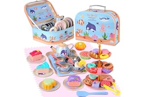 efubaby 47PCS Tea Party Set for Little Girls, Sea World Tea Set Toys for Girls Kids Including Teapot Cups Dessert Plates & Carrying Case, Kids Kitchen Pretend Play Tea Set Toy