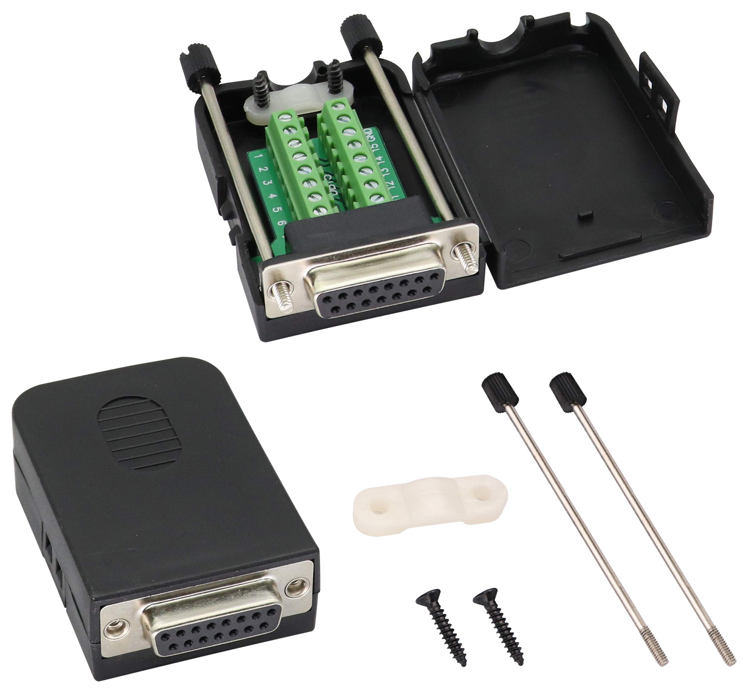 AAOTOKK DB15 Screw Terminal Block Adapter D-SUB 15 Pin 2 Row DB15 Female to 16 Pin/Way Female Serial Terminal Breakout Board Connector Signal Module with case (2Pcak/Female)