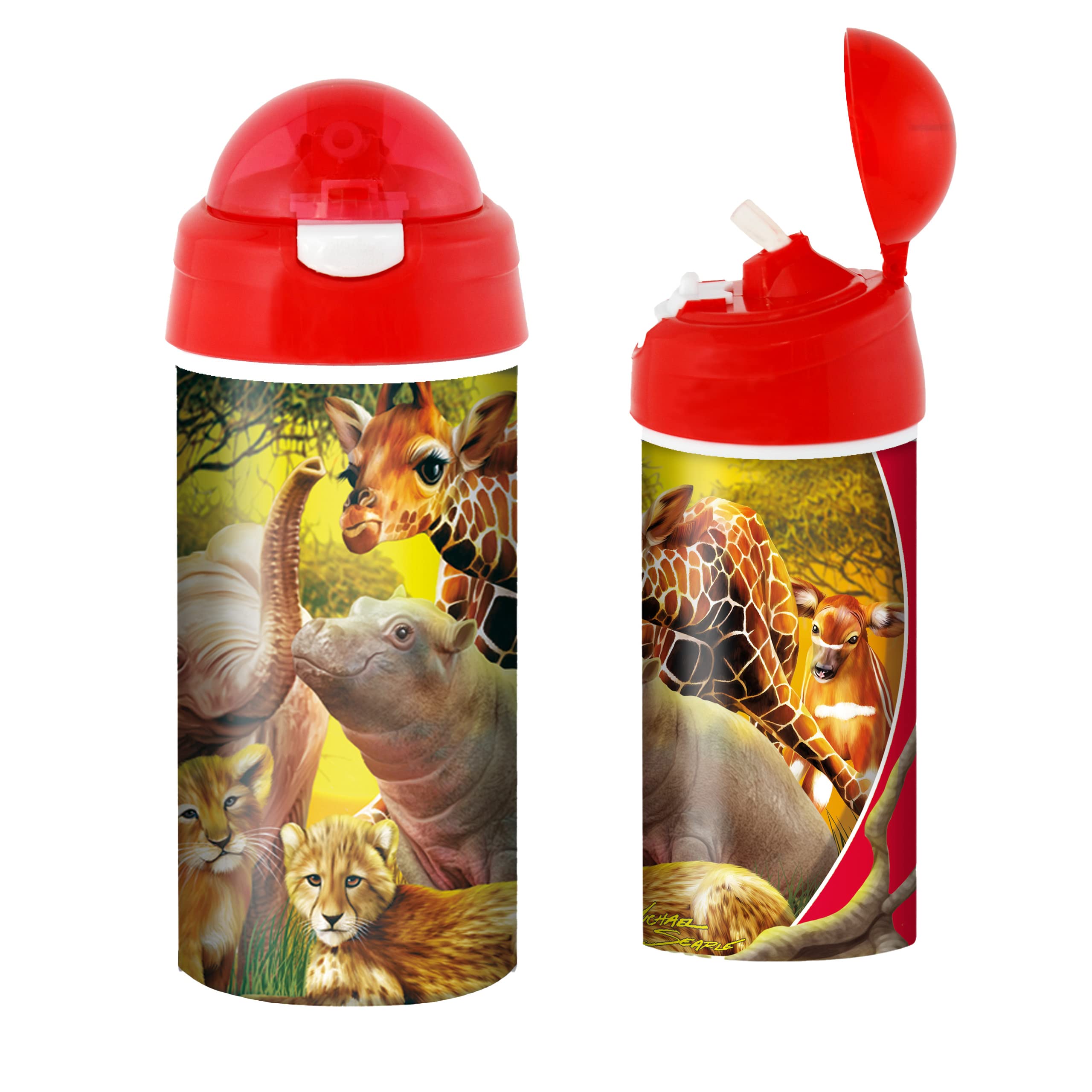 3D LiveLife Drinking Bottle - Kissing Cousins from Deluxebase. 3D Lenticular 600ml BPA Free Reusable Red Water Bottle with Straw and Flip Top Lid. Leak Proof Animal Drinks Bottles with Safari Design.