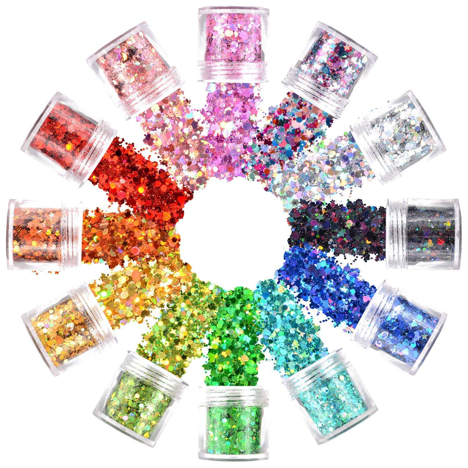 Holographic Face Glitter 12 Colors Total 120g Face Body Eye Hair Nail Festival Chunky Holographic Glitters Different Size, Stars Hexagons Heart Circle Shaped