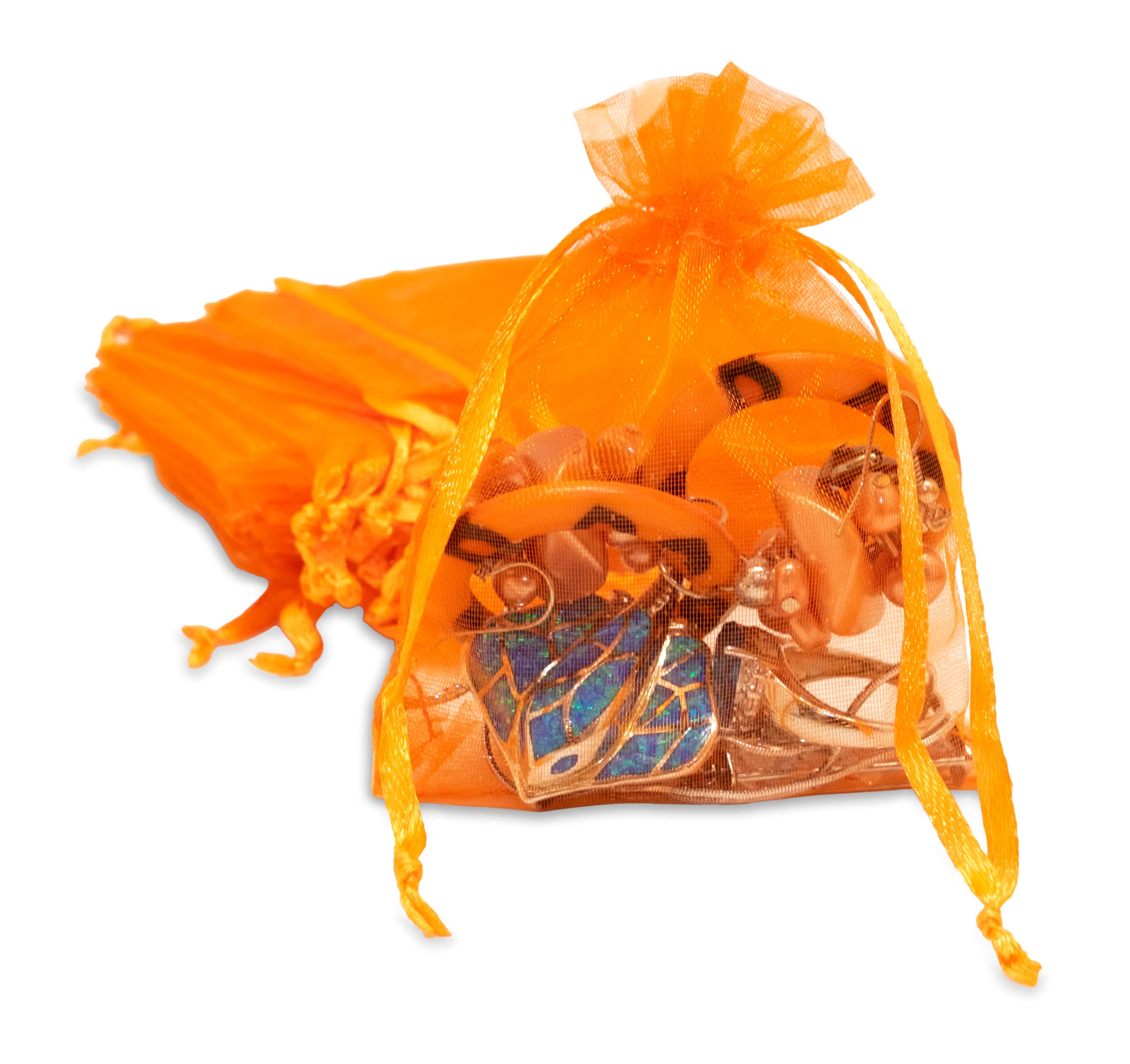 TheDisplayGuys 100-Pack 4x6 Orange Sheer Organza Gift Bags with Drawstring, Goodie Bags for Jewelry, Candy Bags, Treat Bags, Wedding Favors Small Mesh Bags