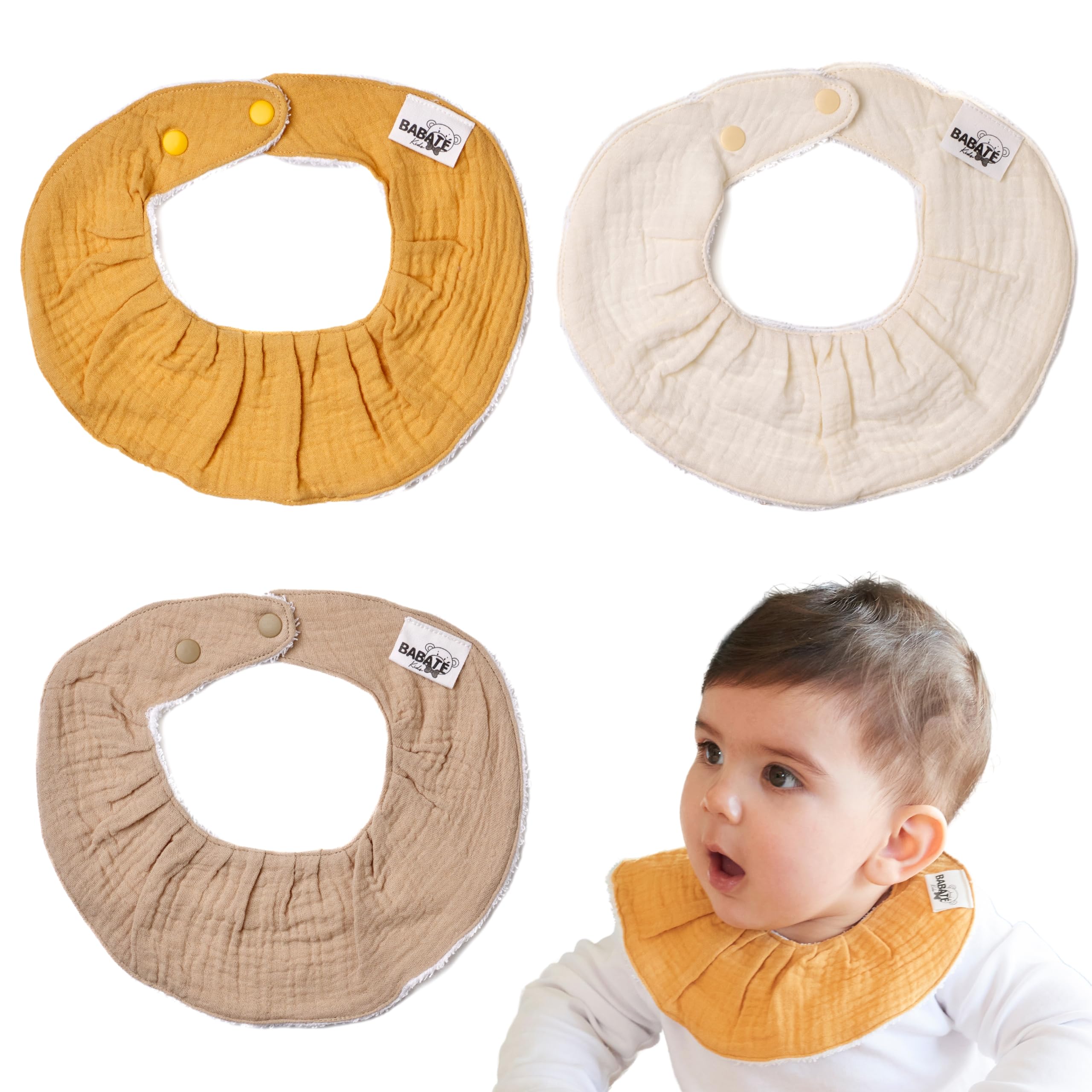 BABATÉ Kids - Pack of drool bibs baby, muslin neckerchief baby, triangular scarf baby, muslin bib baby, cotton bandanas baby, baby bib for newborns, beige pack, One Size — image 1