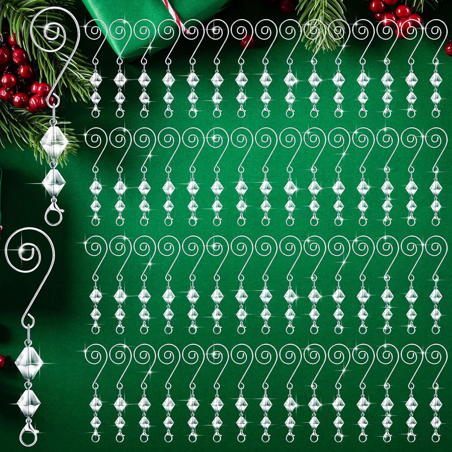 Ornament Hooks - Bucherry Ornament Hangers Tree Ornament Hooks Decorative Clear Acrylic Wire S Hook with Lobster Claws Hanging Metal Wire Crystal Jeweled Swirl for Crafts Xmas Decoration