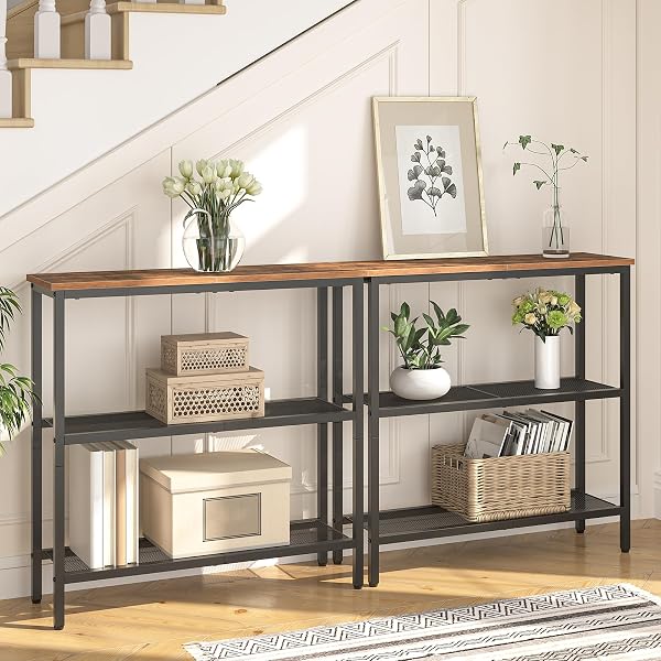 HOOBRO 29.5″ NARROW CONSOLE TABLE, 3-TIER ENTRYWAY TABLE, THIN SOFA TABLE WITH SHELVES, SIDE TABLE, DISPLAY TABLE, FOR HALLWAY, ENTRANCE, LIVING ROOM, BEDROOM, RUSTIC BROWN AND BLACK BF73XG01