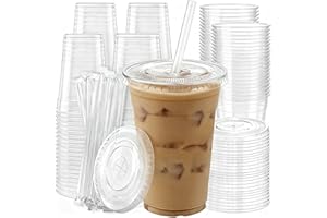 100 Pack 16 oz Plastic Cups with Lids and Straws, Clear Disposable Plastic Cups, Heavy Duty Iced Coffee Cups with Leak-Resist