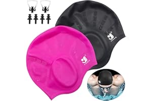 NANASO Unisex Swim Caps Ear Protection,2 Pack Silicone Swimming Caps for Short/Long Hair with Ear Plugs&Nose Clip,Waterproof Flexible Swimming Hat for Women Men Adults Kids,Bath Swim Caps Easy to Put On/Off