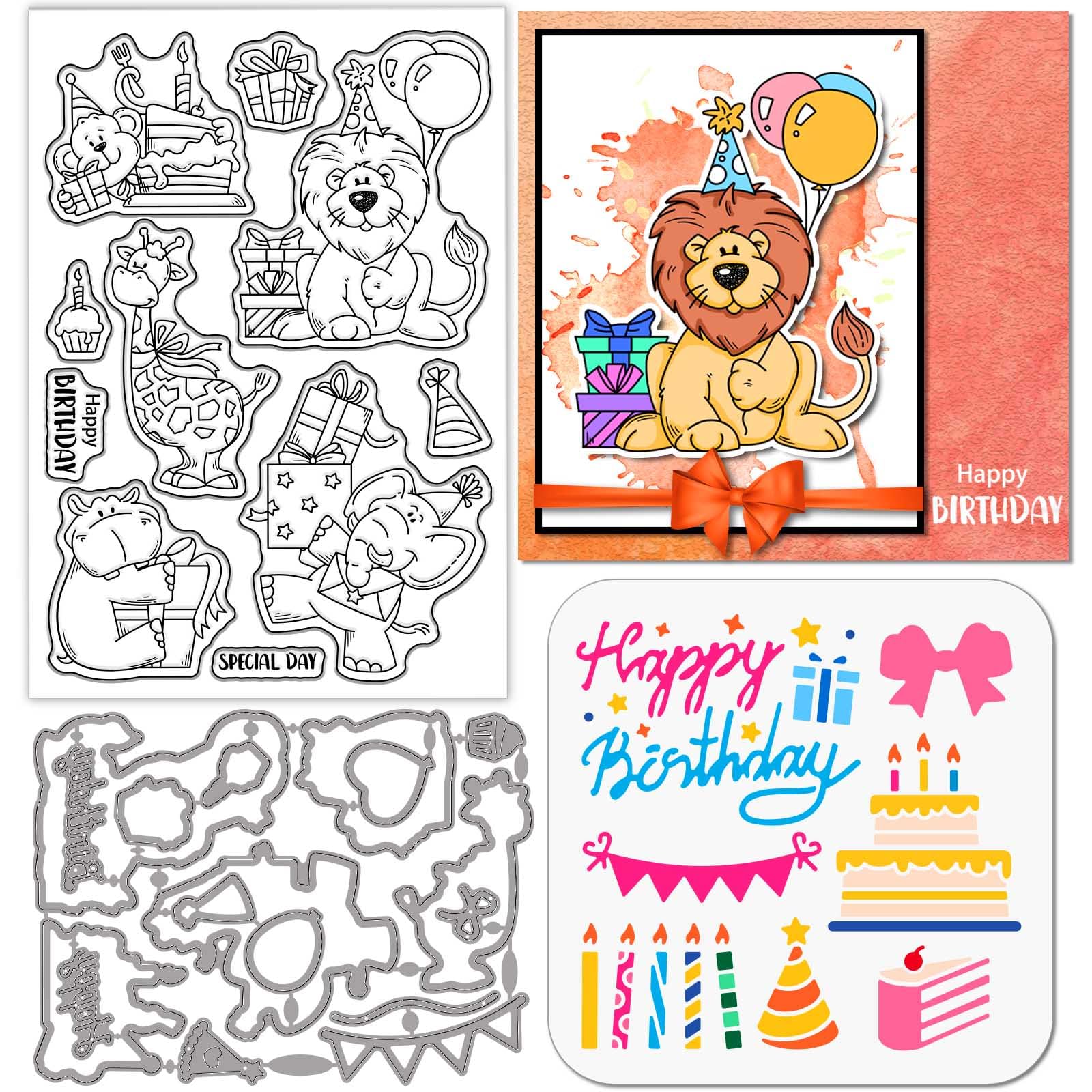 Photo 1 of GLOBLELAND Jungle Animals Birthday Clear Silicone Stamp Metal Birthday Wishes Cutting Die Cuts Cartoon Animals Paint Craft Stencils for Card Making Scrapbooking Craft DIY Embossing