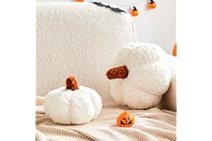 Lfsaaj White Halloween Pumpkin Pillows, Fall Decorations Pillows Set of 2, Cute 3D Shaped Plush Cushion with Faux Rabbit Fur for Sofa Couch Bedroom Autumn Thanksgiving（8"+11"