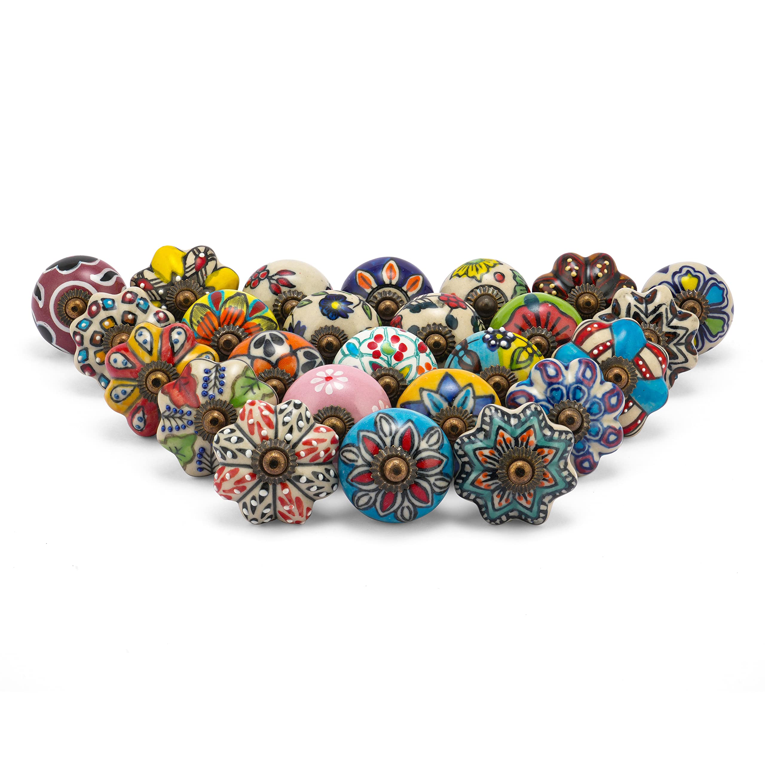 Rasiya Art Multicolour Ceramic Knobs for Cabinets and Drawers - Assorted Countryside Door Pull Handles for Dresser Kitchen Wardrobes Boho Home Interior Decor - Pack of 30