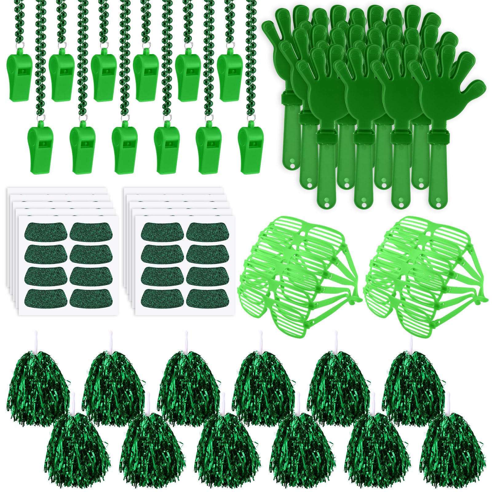 Photo 1 of Realspring 148 Pcs School Spirit Items Bulk Team Spirit Week Accessories Include Hand Clappers Noisemakers Whistles Cheerleading Pom Poms Shutter Glasses Eye Black Sticker for Sports(Green)