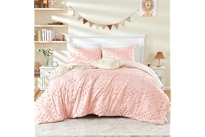 VIVILINEN Twin Size Kids Bedding Set for Girls 2-Piece Boho Tufted Dots Pink Jacquard Pom Pom Tufts Embroidery Bed-in-a-Bag Bohemian Kids Comforter Set for Boys with Comforter, 1 Pillowcase