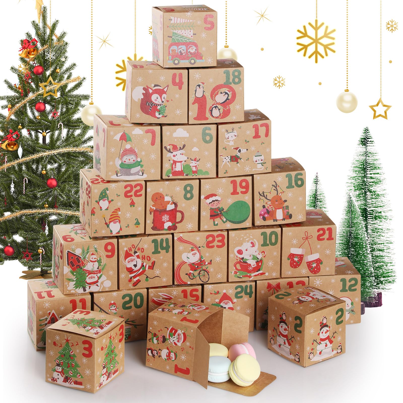Christmas Box for Gifts, Hianjoo 24 Kraft Paper Advent Gift Boxes, Christmas Advent Calendars Countdown Boxes, Empty Gifts Boxes for Xmas, New Year (Kraft Paper)