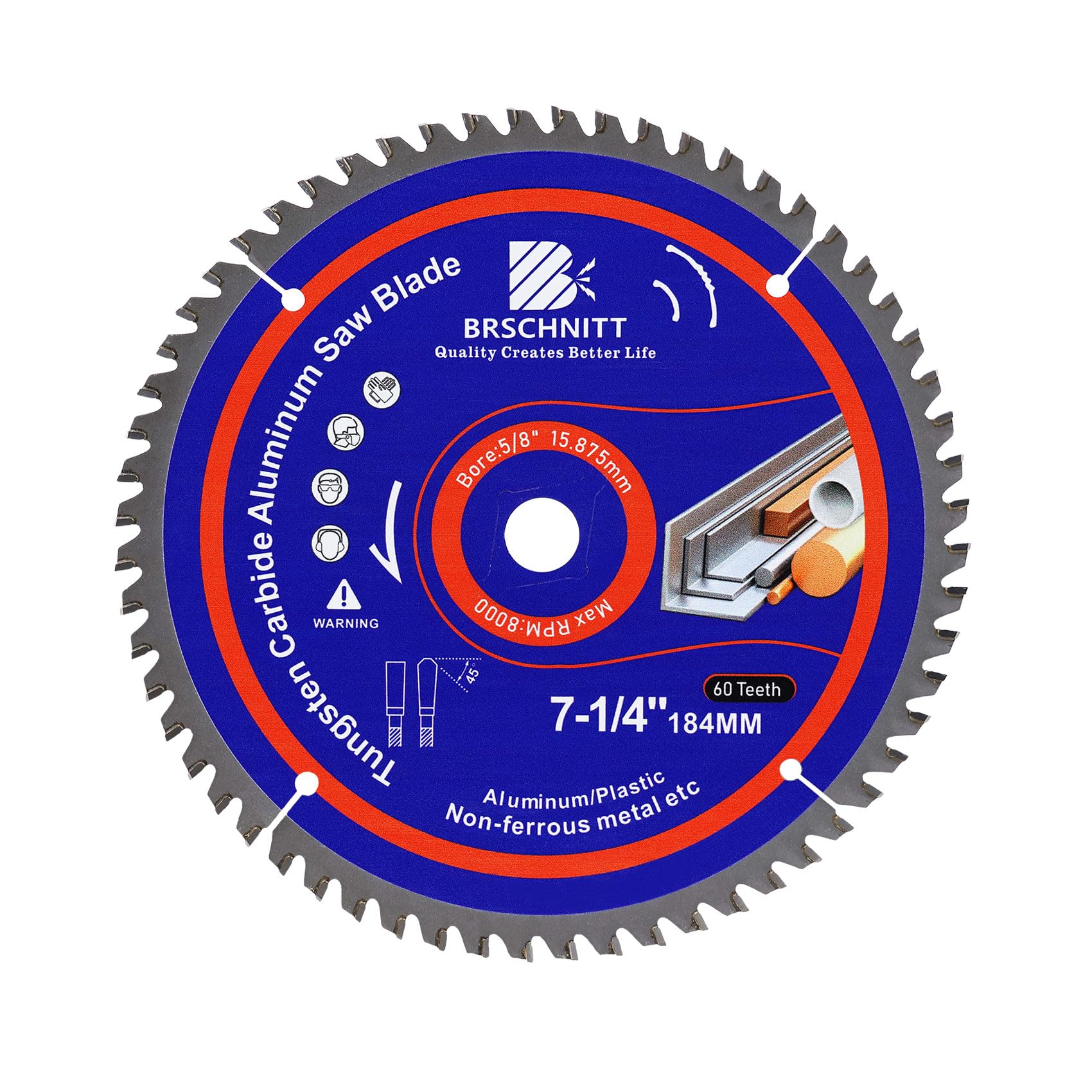 BRSCHNITT 184mm 60Tooth TCG Metal Saw Blade - for Aluminum Plastics and Non Ferrous 5/8"Arbor