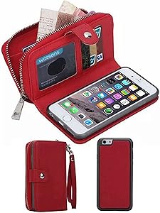 iPhone 6/6SWallet Case, HYSJY Girls Women Magnets Detachable Zipper Wallet Case iPhone 6/6S Cover PU Leather Folio Flip Holster Carrying Case Card Holder for iPhone 6 /6S 4.7" (Red)