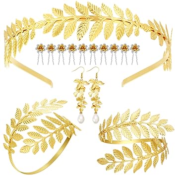 Amazon Com 15 Pieces Goddess Costume Accessories Set Including Greek Leaf Bracelet Golden Leaves Bridal Hair Crown Headband Artificial Pearl Leaf Earrings And Hair Pins For Wedding Party Accessories Beauty