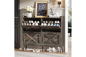 Maupvit Large Shoe Storage Cabinet with 4 Flip Drawers, Narrow Shoe Cabinet for Entryway with Wooden Legs, Freestanding Hidden Shoe Rack Organizer ＆ Metal Hinges, Dark Rustic Oak