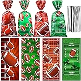 Jetec 100 Pcs Football Cellophane Bags Brown Green Football Gift Treat Bag Goodie Candy Bags with Ties for Sports Team Events Birthday Party Decorations Supplies Accessories(Classic Style)