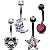 COCHARM 4Pcs Halloween Black Pink Belly Button Rings Black Heart Belly Piercing Jewerly Star Navel Rings 14g Goth Moon Navel Jewelry