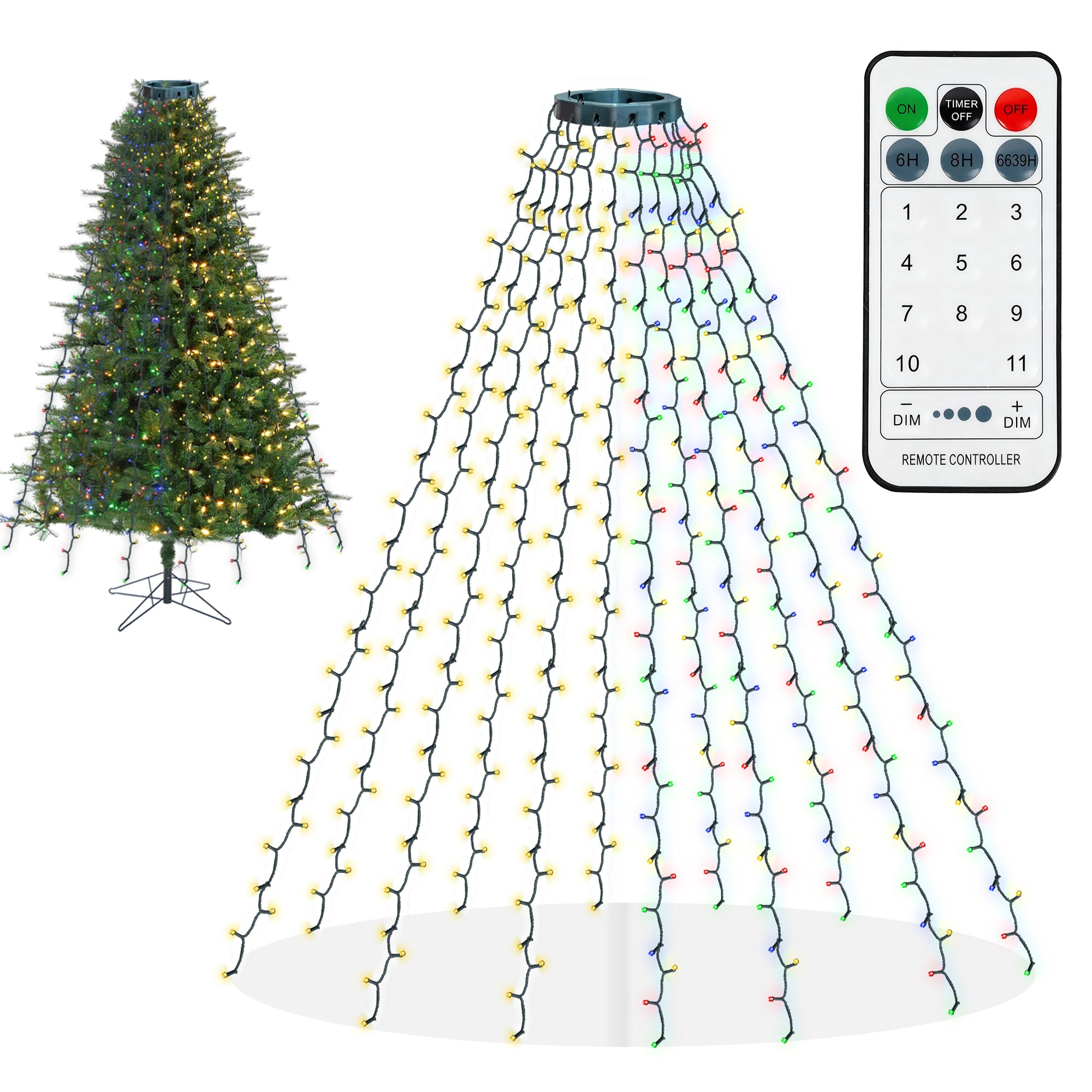 Dazzle Bright Christmas Tree Lights, 448 LED Waterfall Tree Topper Lights with Remote & 11 Modes, 8.2FT X 16 Lines Christmas Light for Indoor Outdoor Party Xmas Decoration, Warm White & Multi-Colored Image