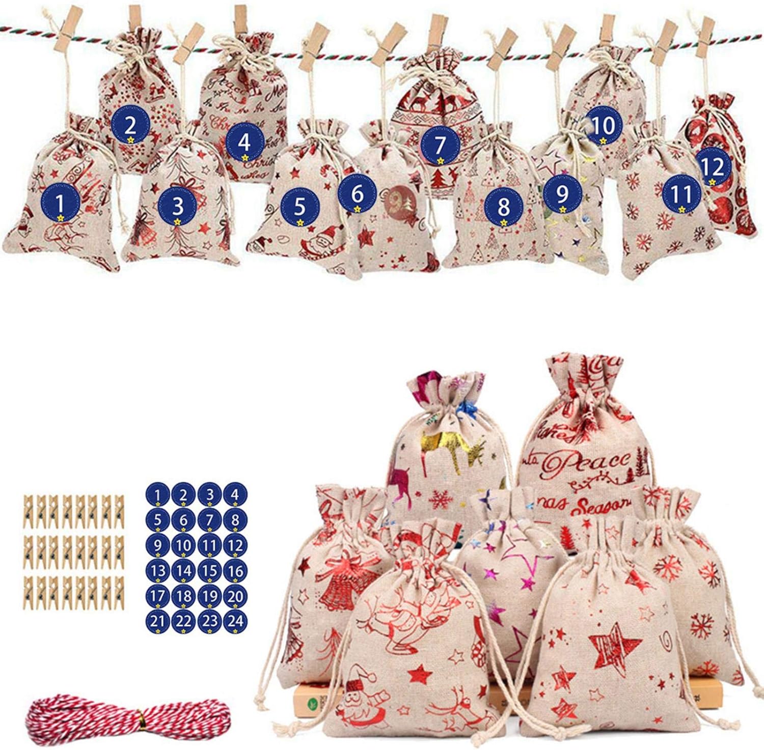 shuaiyin 24Pcs Christmas Advent Calendar Countdown Bag, Christmas Linen Bags with Drawstring