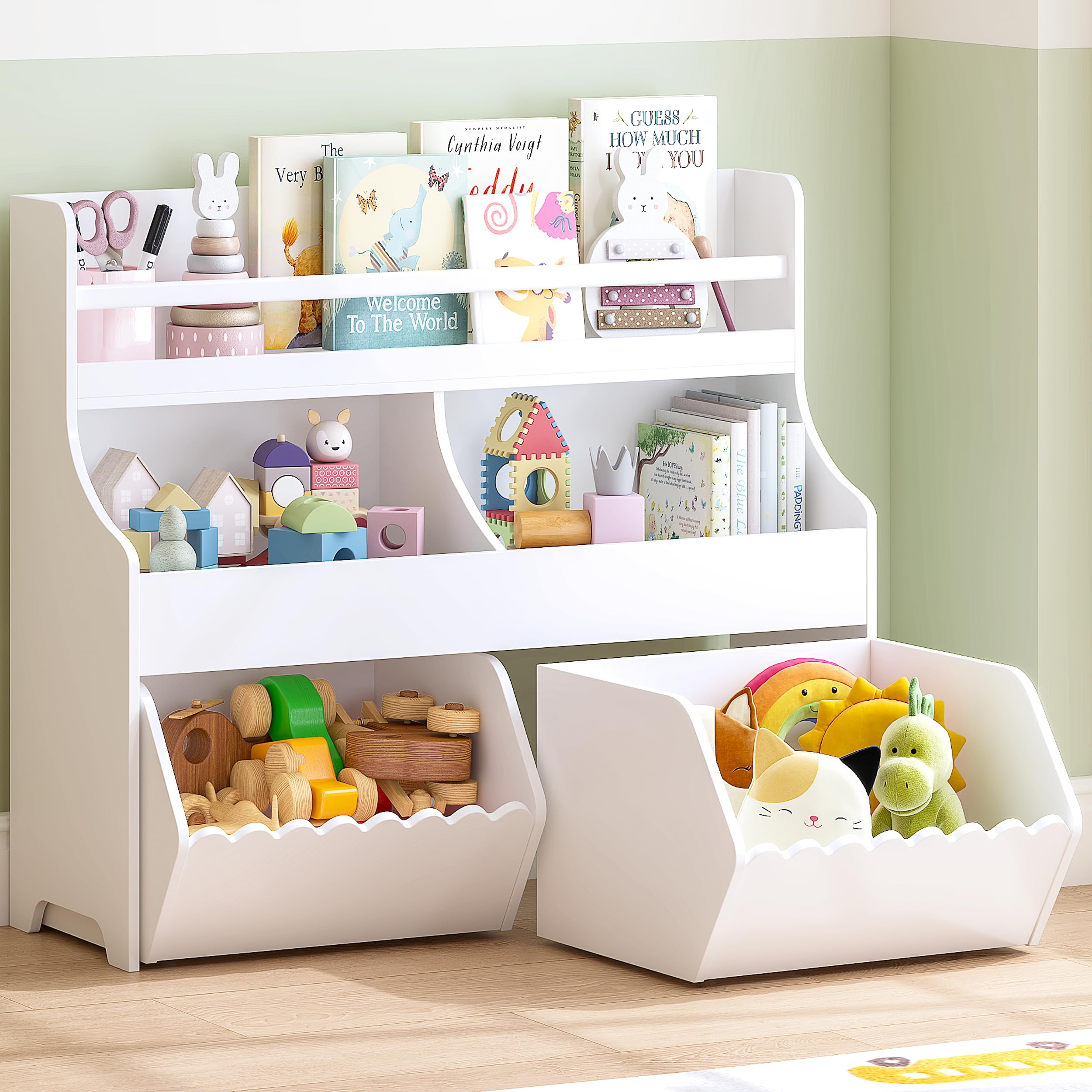Photo 1 of ***FOR PARTS ONLY/ DAMAGED PIECES*** Spirich Kids Toy Storage Organizer with Bookshelf, 3-Tier Toy Storage Cabinet, Toy Shelf with 2 Movable Toy Storage Bins, 5-Compartment Montessori Shelf for Nursery, Playroom, Classroom, White