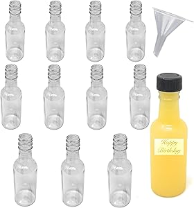 Primebaker Mini 50ml Liquor Bottles – Set of Clear Plastic Alcohol Shot Bottle with Black Cap - Great for Weddings, Party Favors and Events – Bonus Liquid Plastic Funnel (24, 4 3/8)