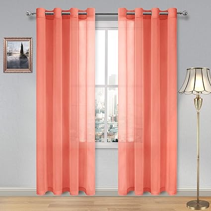 Dwcn Sheer Curtains Linen Look Coral Grommet Curtain For Living Room Set Of 2 Panels 52x90 Inch Long