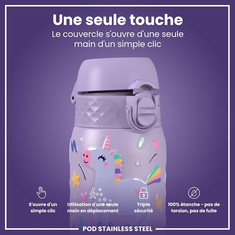 Gourde Enfant, Inox Léger, 400ml, Non Isolé, Anti-Fuite, Facile à Ouvrir, Verrouillage Sécurisé, Lavable au Lave-Vaisselle, Poignée de Transport, Acier Inoxydable, Licornes Violet