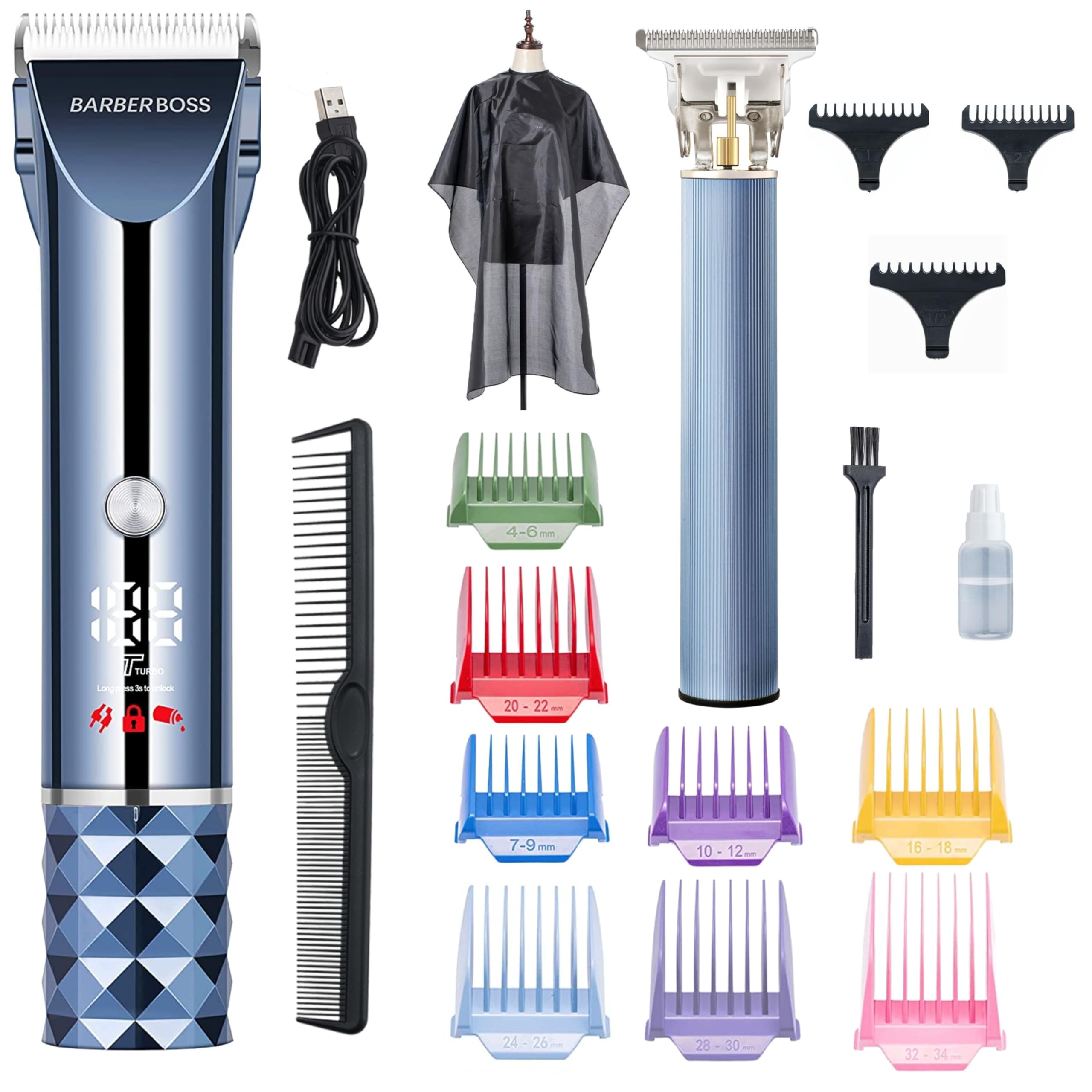 BarberBoss Men's Beard & Hair Trimmer Set – Cordless Hair Clippers with LED Oil Display, T-Blade Detail Trimmer, and 8 Comb Attachments
