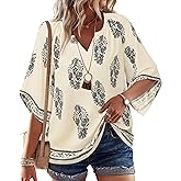 Bebonnie Womens 3/4 Sleeve V Neck Bohemian Peasant Blouses Casual Loose Fit Tunic Tops