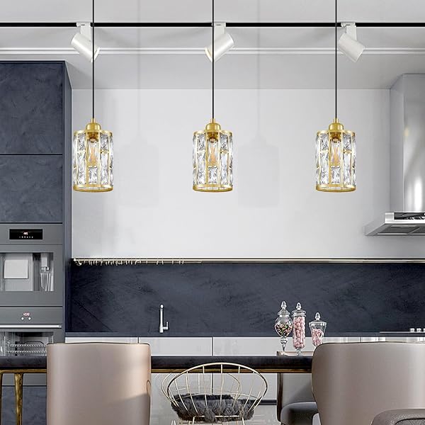 DOLAIMI HOUSE 2 PACK 1 LIGHT 5.4″ CRYSTAL SHADE HANGING KITCHEN ISLAND PENDANT LIGHT GOLD FINISH,MODERN PENDANT FIXTURE WITH CRYSTAL METAL SHADE FOR BAR,DINING ROOM,LIVING ROOM OVER SINK
