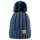 PAGE ONE Womens Winter Thick Cable Knit Beanie Faux Fur Pom Hat Fleece Lined Skull Cap